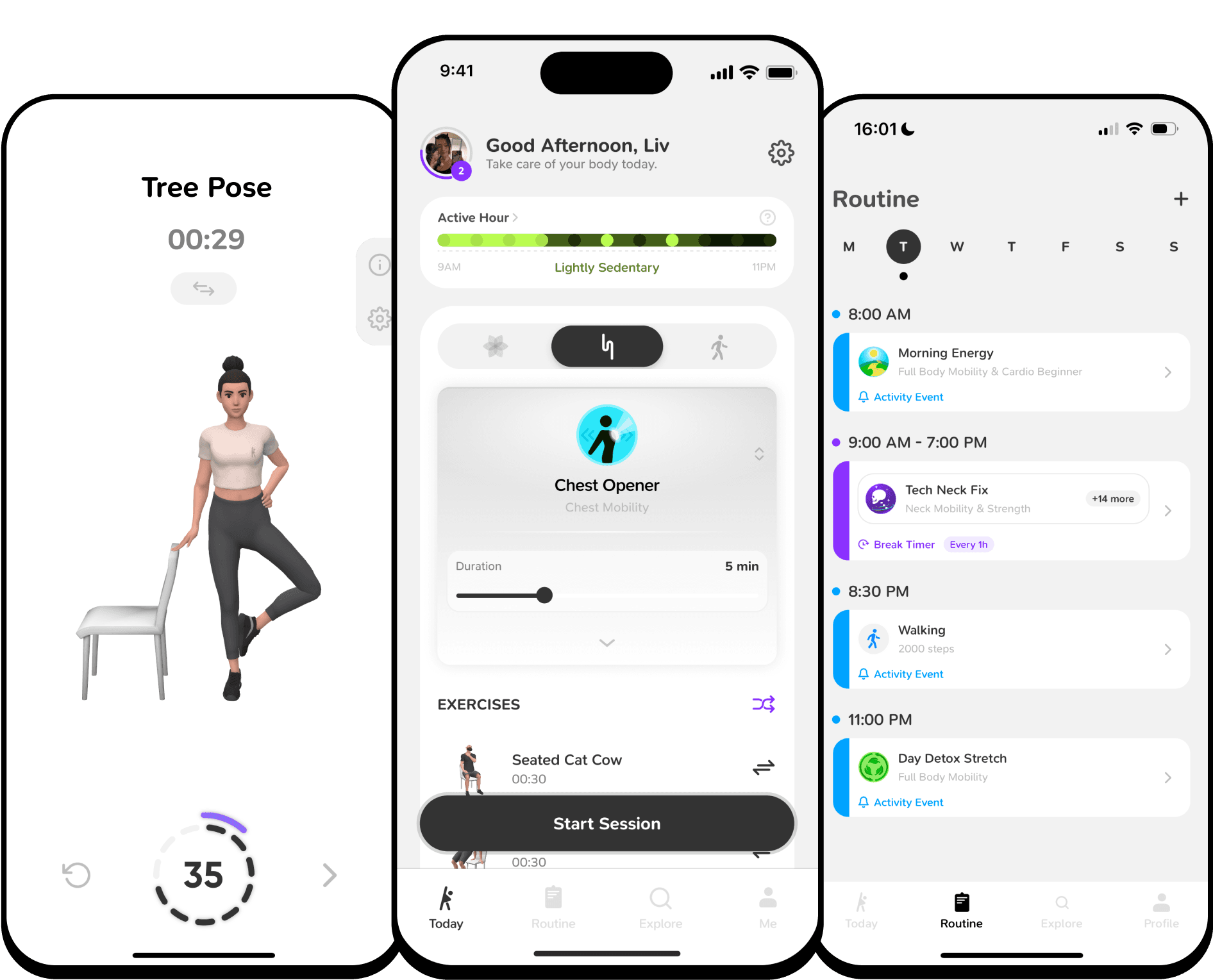 Moova app showing movement breaks, exercises, and routine scheduling